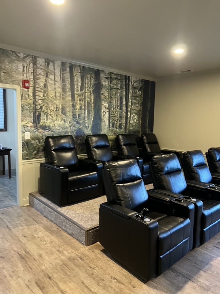Rows of black theater-style recliners on a raised platform in front of a full-wall forest mural in the transformed shared living space.